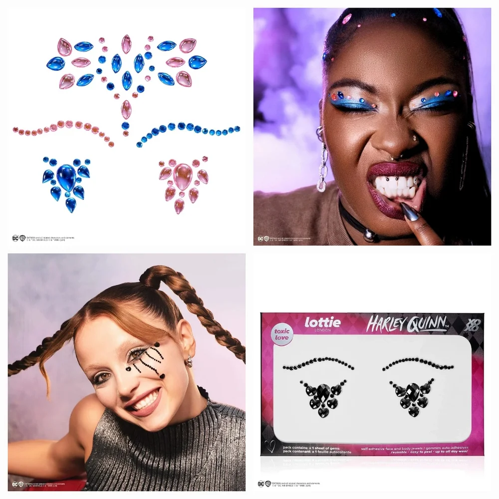 New 4pc Harley Quinn Face Gems Toxic Love / Pouts & Pigtails By Lottie London - Picture 1 of 17